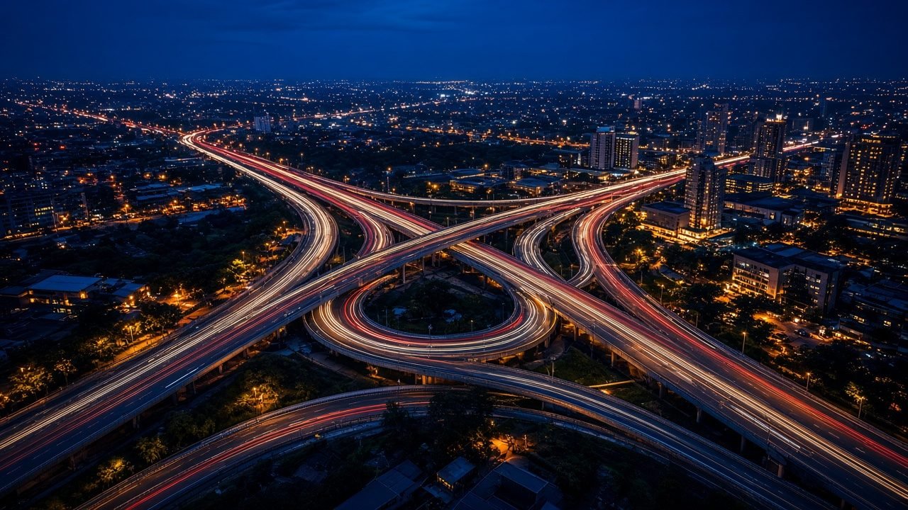 Aerial view of a city road interchange at dusk with many branching routes