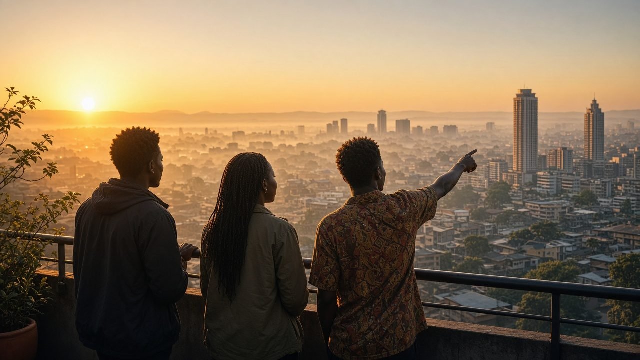 Three young Africans looking out over a city skyline at sunrise